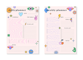 Vector weekly and daily planners templates with y2k patches,icons and emblems.Organizer and schedule with place for notes; goals,to do list.Trendy layout in 90s groovy aesthetic.Abstract modern design