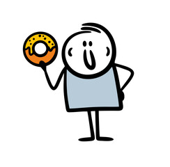 A cute fat character is holding an appetizing sweet donut in his hand.