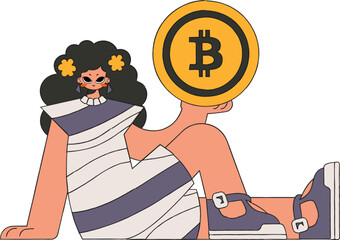 The girl is holding bitcoin in her hands. Character trendy style.
