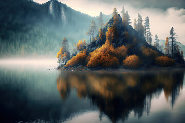 Fototapeta na wymiar Ukrainian Lake Synevir is a lake in a mysterious fog with an autumn forest and a phantom mountain. Generative AI