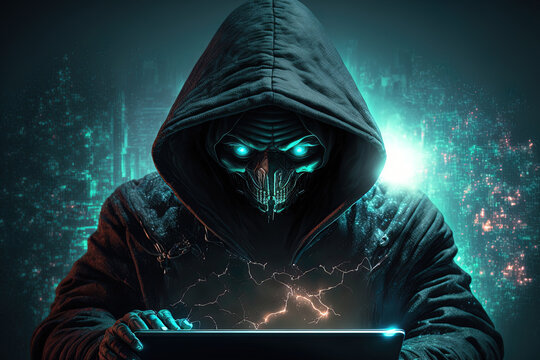 Software hacker employing tablet technology to steal or commit cybercrime using malware or viruses while encrypting data with sci fi cgi graphics. Generative AI