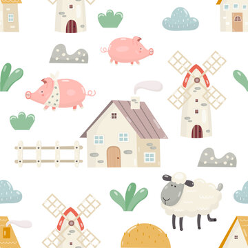 Rural landscape cute domestic animals pattern