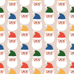 Cute Santa Claus in colorful hat hand drawn vector illustration. Cute Christmas character in flat style seamless pattern for kids fabric or wallpaper.