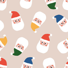 Cute Santa Claus in colorful hat hand drawn vector illustration. Funny Christmas character in flat style seamless pattern for kids fabric or wallpaper.