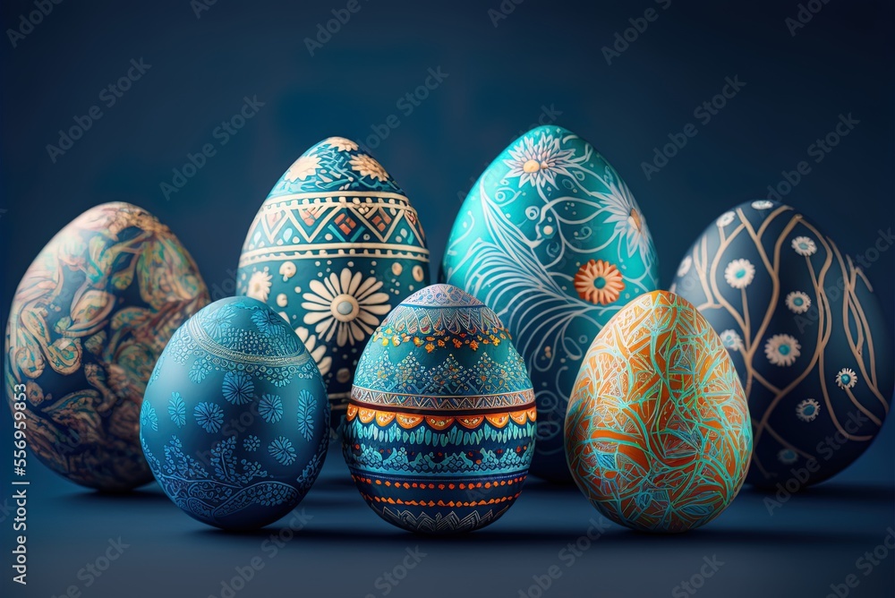 Poster easter eggs with a variety of hues and patterns on a blue backdrop. generative ai