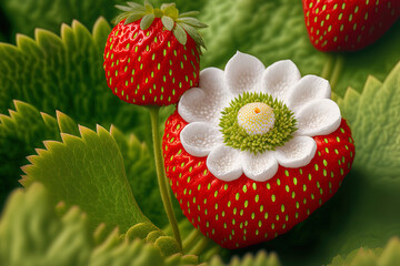 Close up of a white blossom with red strawberries in a strawberry field. Background of summer gardening. Generative AI