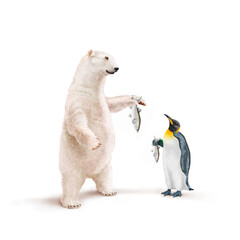 ours blanc, manchot empereur, frigide, amblet, poisson à la main, neige, pêcher, montrant, faune, illustration, arctique, hiver, blanc, glace, animal, nature