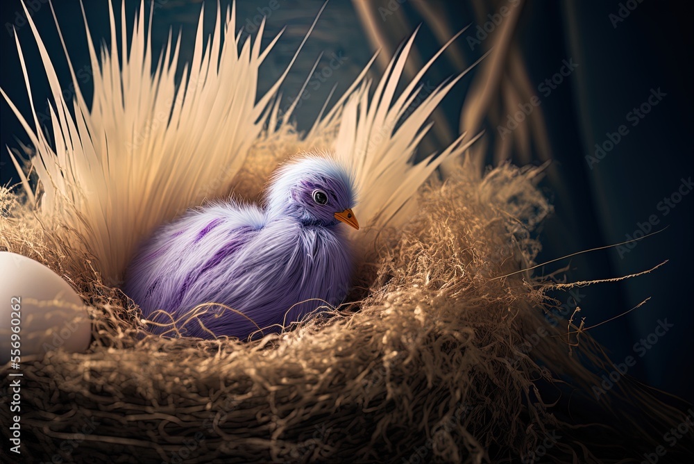 Poster hiding an easter egg in the hay between two nests of feathers generative ai