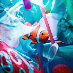 Tropical clownfish swimming in polluted ocean 3d rendering