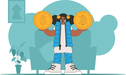 Girl holding dollar and bitcoin. Cryptocurrency and fiat exchange concept.