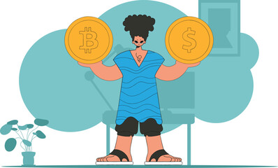 A man holds a dollar and a bitcoin in his hands. Cryptocurrency and fiat exchange theme.