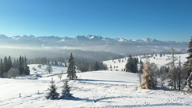 Epic alpine vista and white winter in the mountains. Aerial view of snow capped mountain landscape. Tatra high mountain range and magical unspoiled scenery with frozen spruce trees.