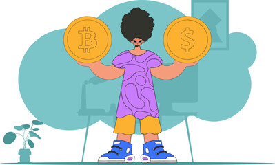 Man holding dollar and bitcoin. The concept of interaction with digital monetary assets.