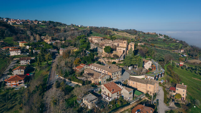 Italy, December 2022: aerial view of the beautiful medieval village of Montegridolfo in the province of Rimini in the Emilia Romagna region bordering the Marche region
