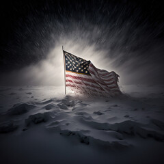 The American flag stood tall and proud in the face of the raging winter storm; a symbol of the nation's resilience; A radiant light shone around it,digital art,illustration,Design,vector,art