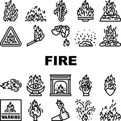 flame hot fire burn bonfire heat icons set vector. red danger, light orange, campfire energy fiery element glow, hell flammable inferno flame hot fire burn bonfire heat black contour illustrations