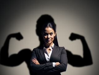 Leader with strong personality concept, with business woman having her shadow flex muscles, Generative AI Illustration - obrazy, fototapety, plakaty