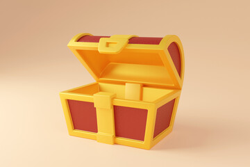 3d open treasure box. Empty treasure chest. 3d render illustration.