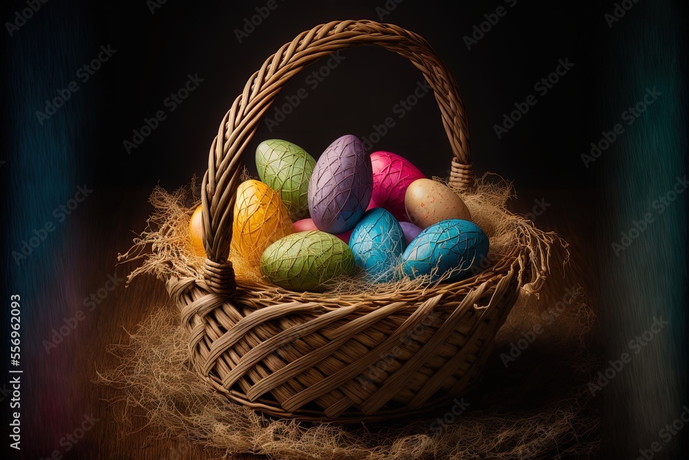 Aufkleber nesting wicker basket with painted eggs generative ai