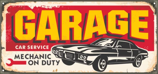 Rolgordijnen Old garage sign with classic car graphic on old vintage metal background. Cars and transportation vector decorative poster design for auto service or mechanic shop. © lukeruk