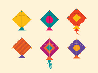 Colourful Makar Sankranti kites set on isolated background. Editable vector file. 