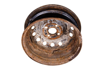 old rusty metal car rim isolated on white background. view from above