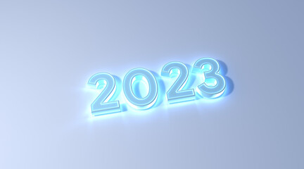 2023 new year blue color neon effect on white background 3d illustration rendering . happy new year concept