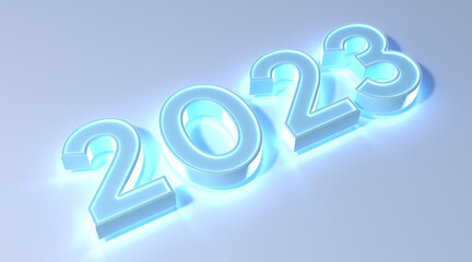 2023 new year blue color neon effect on white background 3d illustration rendering . happy new year concept