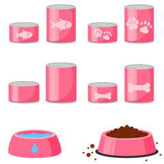 Vector colorful image of canned food with pet food. Feeding cats and dogs. The concept of veterinary care for pets. Design element for applications, website, etc.