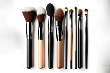 Cosmetics and beauty. Make-up brushes set in row on white isolated background. Generative AI