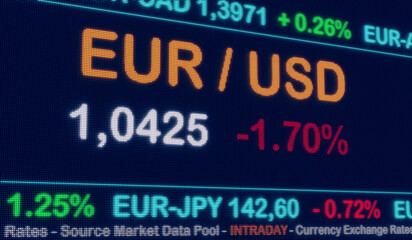 EUR - USD exchange rate, currency trading screen. Euro drops against US Dollar on the monitor. Currency exchange, business, investment and trading concept. 3D illustration