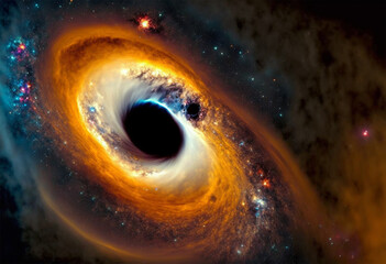 A black hole with a glowing constellation of various colors revolves around a black hole in the universe