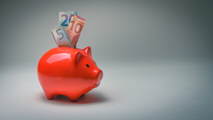 Eurogeldscheine werden zum Sparen in ein rotes Sparschwein gesteckt
