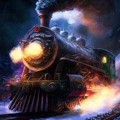 fantasy steam locomotive on train rail at night. generative ai - obrazy, fototapety, plakaty