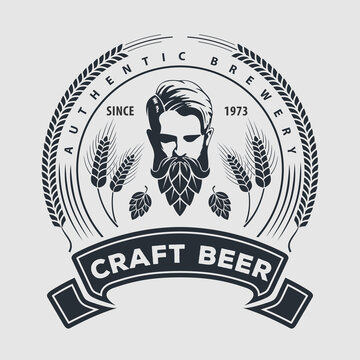 Craft Beer, Authentic Brewery logo design template with Man with beard made of hop cone. Vector illustration