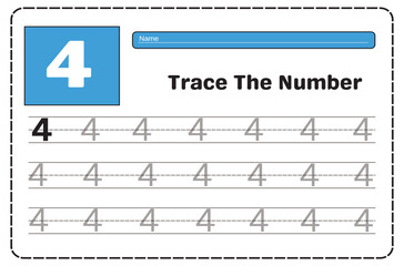 Number 4 tracing practice worksheet with Worksheet for learning numbers. Number training writes and counts numbers. Exercises handwriting practice