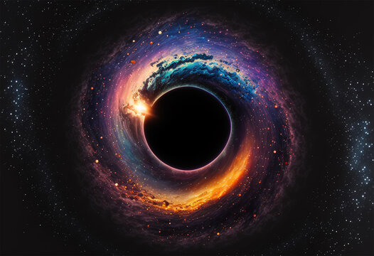 A black hole with a glowing constellation of various colors revolves around a black hole in the universe.