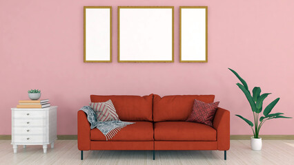 Minimalist living room with red sofa, plants, wooden floor and empty wall frame on pink wall. 3D rendering
