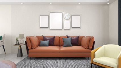 Elegant living room with orange sofa, empty wall frame on white wall. 3D rendering