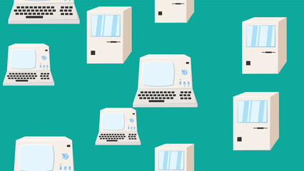 Seamless pattern endless computer with old retro computers, vintage white hipster pc from 70s, 80s, 90s isolated on green background. Vector illustration