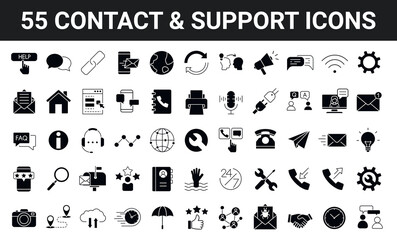 Set of 55 Contact us, support and Help icons in filled style. Simple vector illustration. Assistance, customer, review, 24 hrs, contact. 