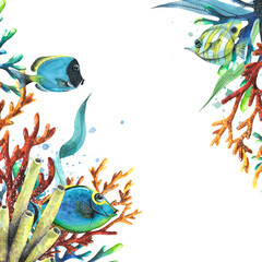 Bright, beautiful corals, algae and tropical bright fish. Watercolor illustration. A template from the collection of TROPICAL FISH. For summer, beach, sea, tourist, travel decoration and design.