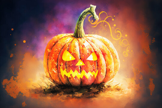 Use digital paint blurring methods for this watercolor artwork of a Halloween pumpkin. Generative AI