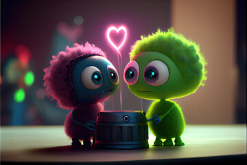 valentines, cute aliens, love hearts, romantic, February 14th,  unique digital, 3d, 