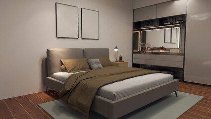 Modern and cozy home bedroom interior with silver bed, wooden floor, and cushions with empty poster wall frame. 3D rendering