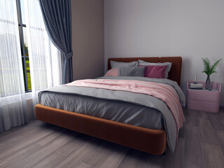 Cute and cozy home bedroom interior with brown and pink bed, wooden floor, and cushions with empty white wall. 3D rendering