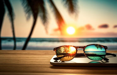 Fototapeta na wymiar Laptop and sunglasses on a wooden table against the backdrop of a tropical beach with palm trees. holiday weekend concept