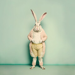 Easter pastel creative concept. Little cute bunny stands like a man on two legs in a pastel suit, welcoming the holidays. Small animal rabbit. Illustration. Generative AI.