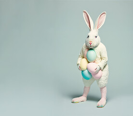 Easter pastel creative concept. Little cute bunny stands like a man on two legs in a pastel suit, welcoming the holidays. Small animal rabbit. Illustration. Generative AI.