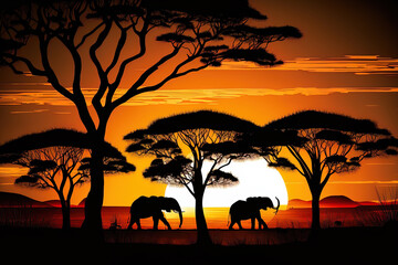African sunset with outlines of trees and elephants. Generative AI